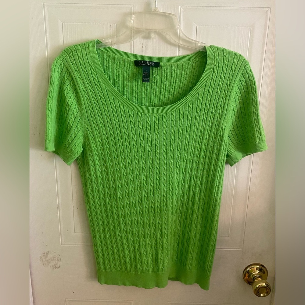 Lauren Ralph Lauren Lime Green Cable-Knit Short Sleeve Sweater